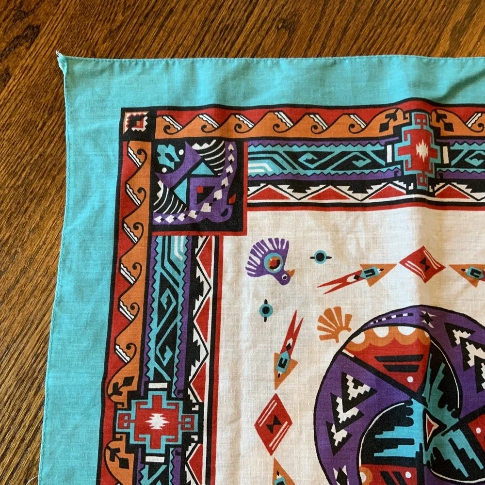 Vtg Wamcraft Bandana Southwest Aztec Teal Purple Black‎ Rare Print Made In USA
